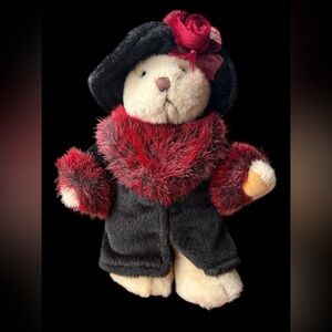 Adorable Russ Berrie vintage 90s black and red teddy bear with faux fur coat